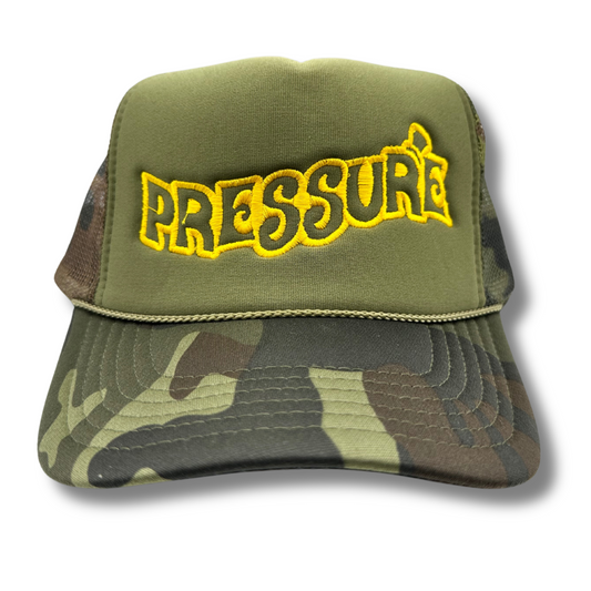 Pressure Trucker Hat-Camo/Yellow Stitch